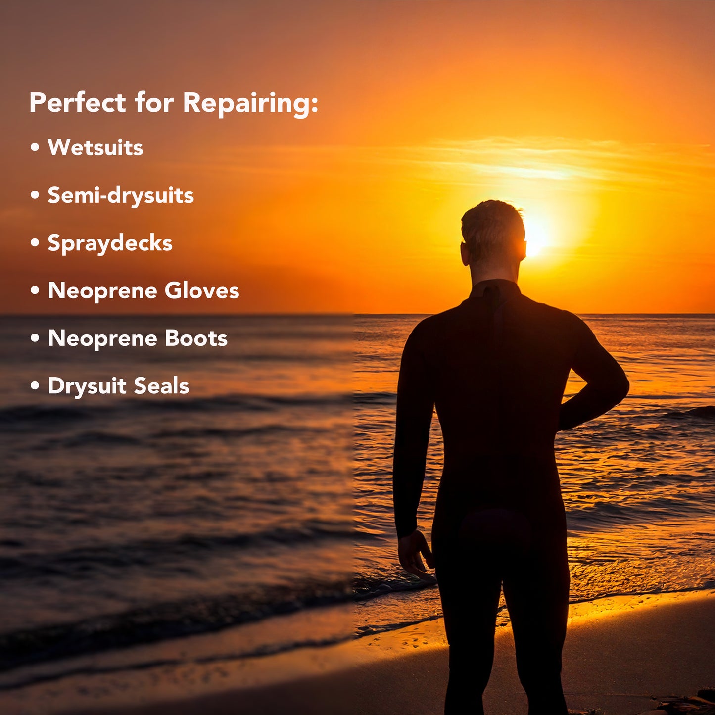 Person in wetsuit standing on a beach at sunset with text about repair suitability for Neoprene Queen Contact Adhesive.