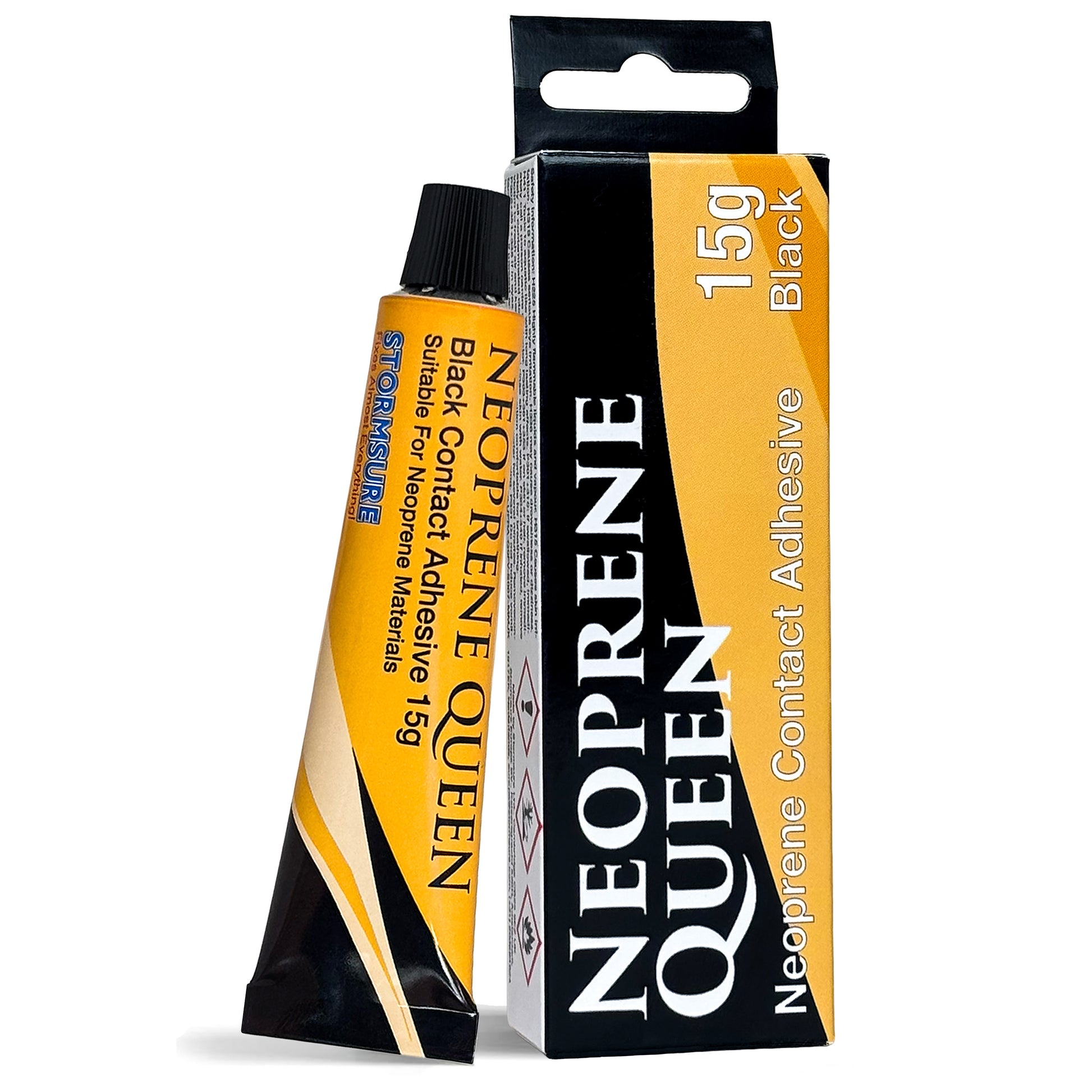 A tube and box of Neoprene Queen Black 15g Neoprene Contact Adhesive on a plain white background.