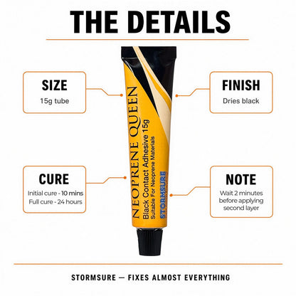 A product information graphic for Neoprene Queen Black Contact Adhesive 15g tube. The central subject is the adhesive tube, surrounded by callout boxes with text detailing its size (15g tube), finish (dries black), cure time (initial 10 mins, full 24 hours), and a note about applying the second layer.