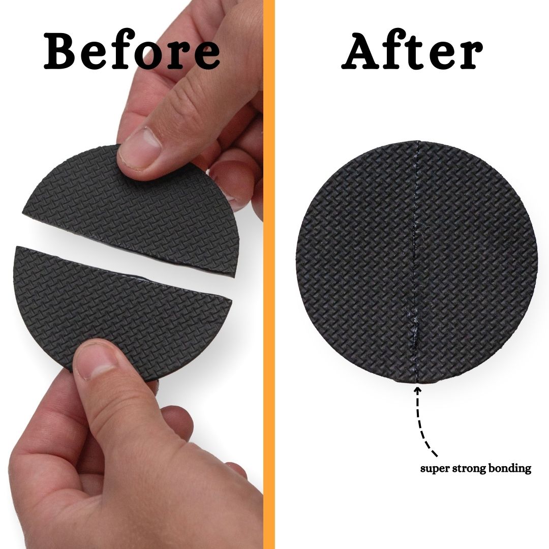 Before and after gluing comparison of black neoprene patches being stuck together with Neoprene Queen Neoprene Contact Adhesive.