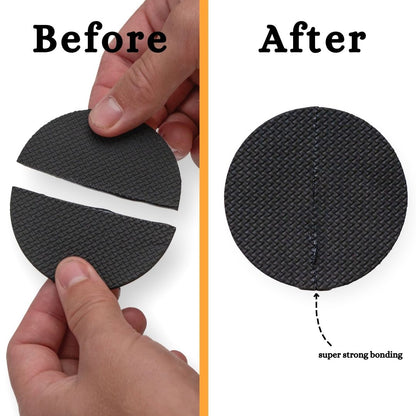 Before and after gluing comparison of black neoprene patches being stuck together with Neoprene Queen Neoprene Contact Adhesive.