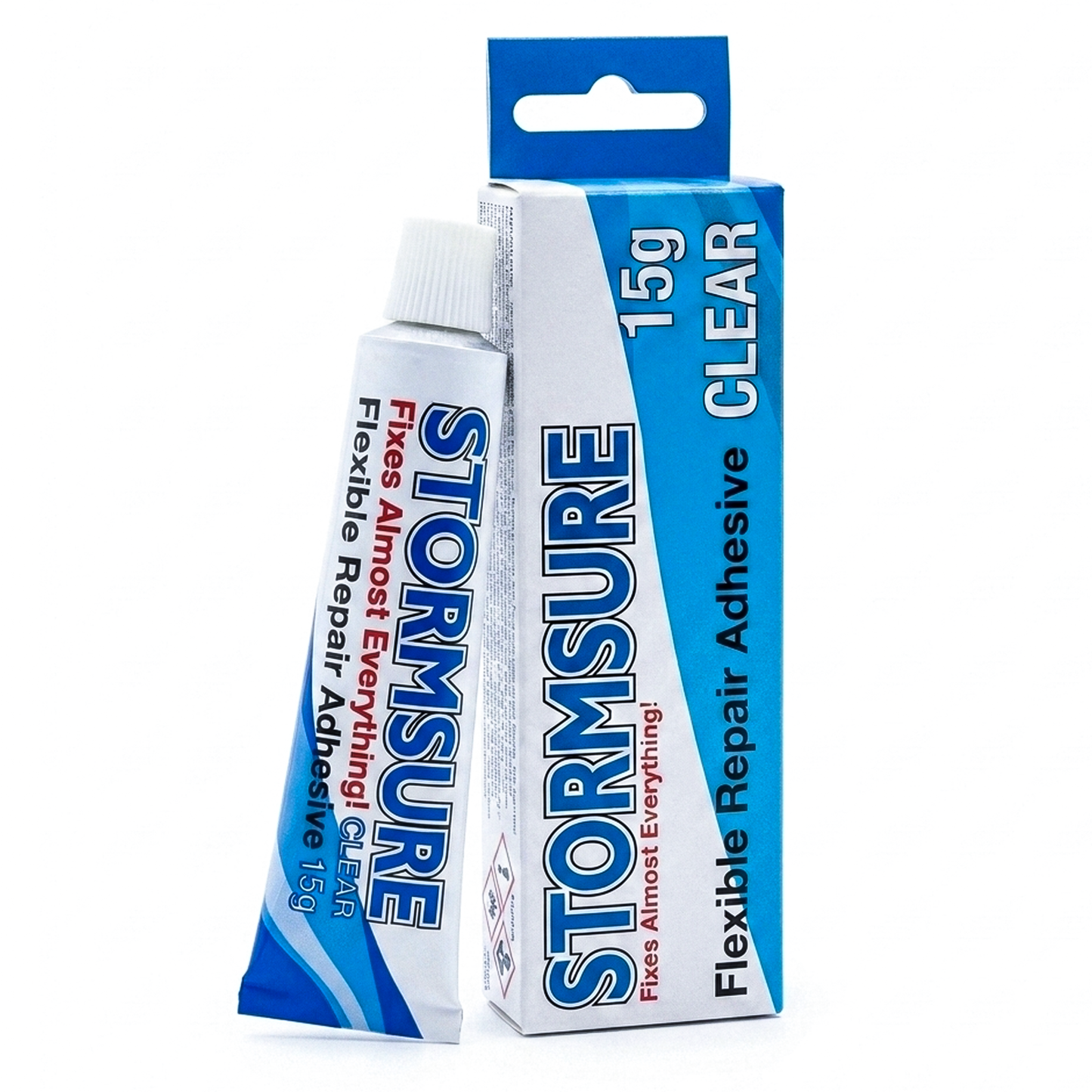 A tube and box of Stormsure Flexible Repair Adhesive 15g - Clear saying Fixes Almost Everything!
