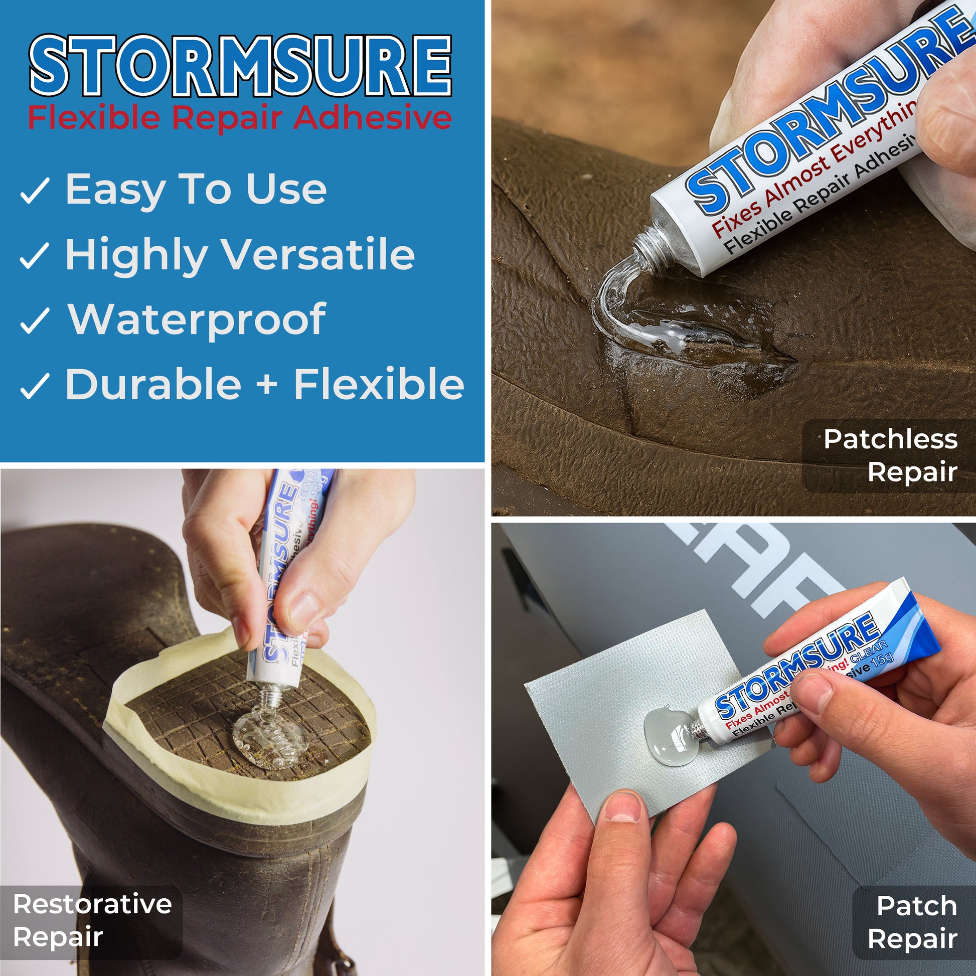 Advertisement for Stormsure Flexible Repair Adhesive showing its use on various materials. including a patchless repair on a rubber boot, a restorative repair on a boot heel and a PVC patch repair on a boat.