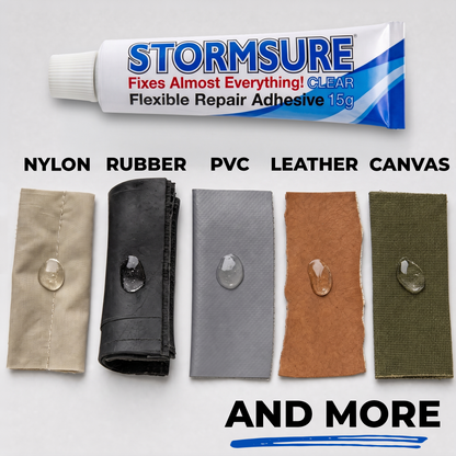 A tube of Stormsure clear flexible repair adhesive is shown above five material swatches labeled Nylon, Rubber, PVC, Leather, and Canvas, each with a clear droplet on it. Text at the bottom reads AND MORE.