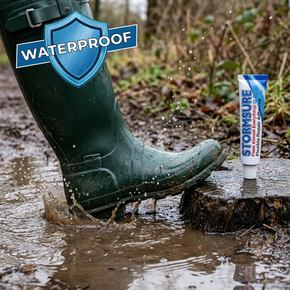 A green rubber rain boot is shown stepping into a muddy puddle outdoors, with a tube of Stormsure waterproof boot and shoe treatment standing on a tree stump nearby. A blue 'WATERPROOF' shield graphic is overlaid in the top left.