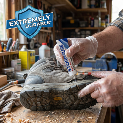 A person wearing clear gloves applies Stormsure waterproof boot seal to the sole of a gray work boot on a wooden workbench in a workshop. A blue 'EXTREMELY DURABLE' badge is overlaid in the top-left corner.